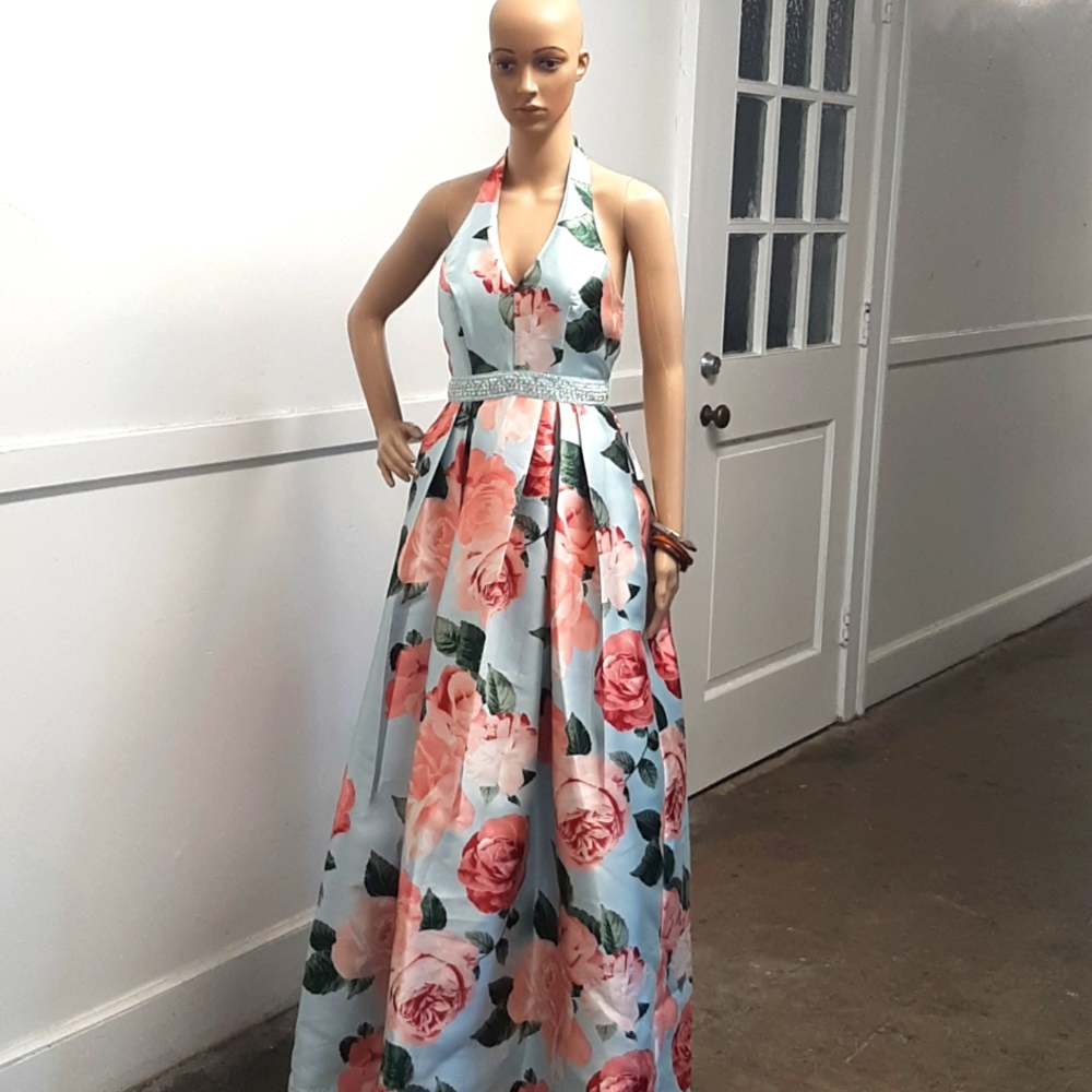 Nights By Teeze Me Blue Pink Halter Floral Maxi Dress